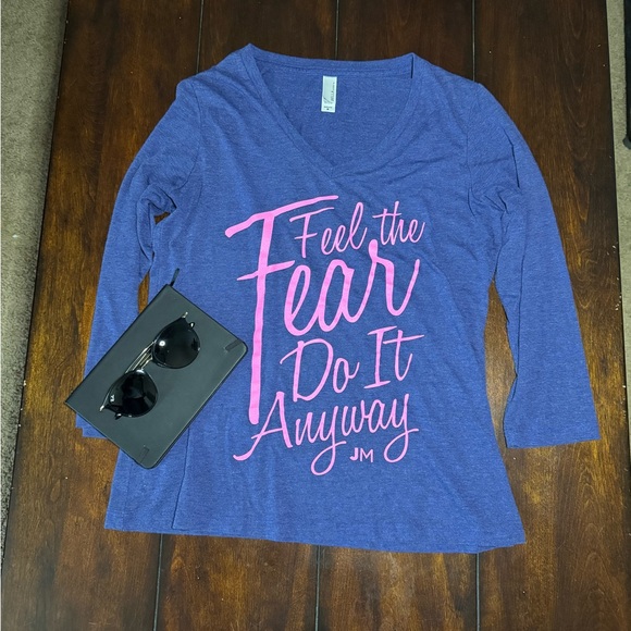 Blue V-Neck Women's Top with Pink Graphic Medium - Picture 2 of 7